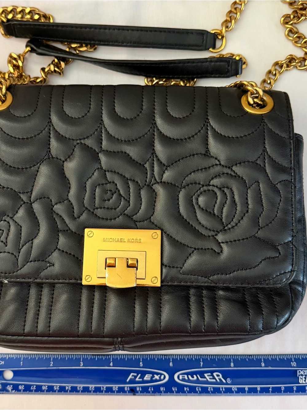 Michael Kors Black Quilted Floral Leather Chain Shoulder Bag Gold Medium - Picture 6 of 7